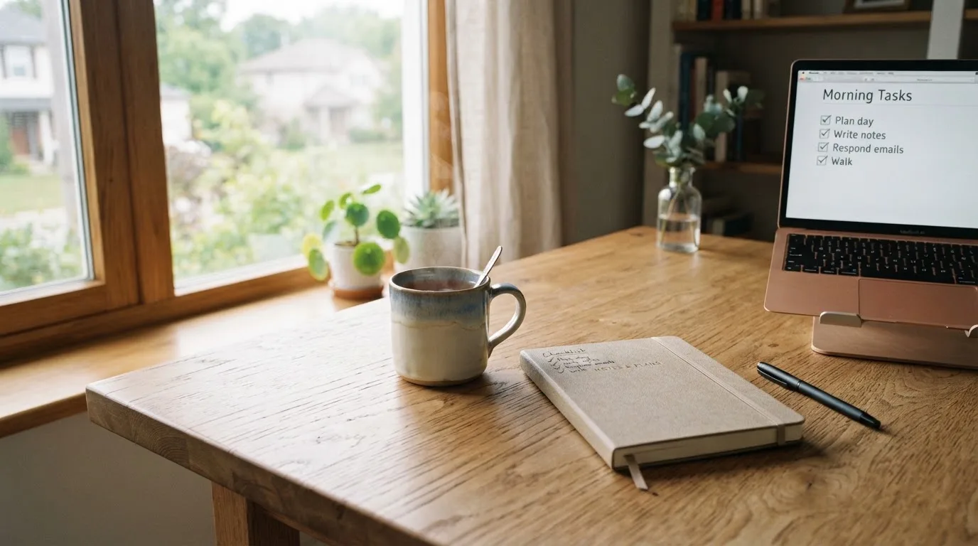 A tidy desk with a notebook, a mug of tea and a laptop open to a checklist, morning light through a window.