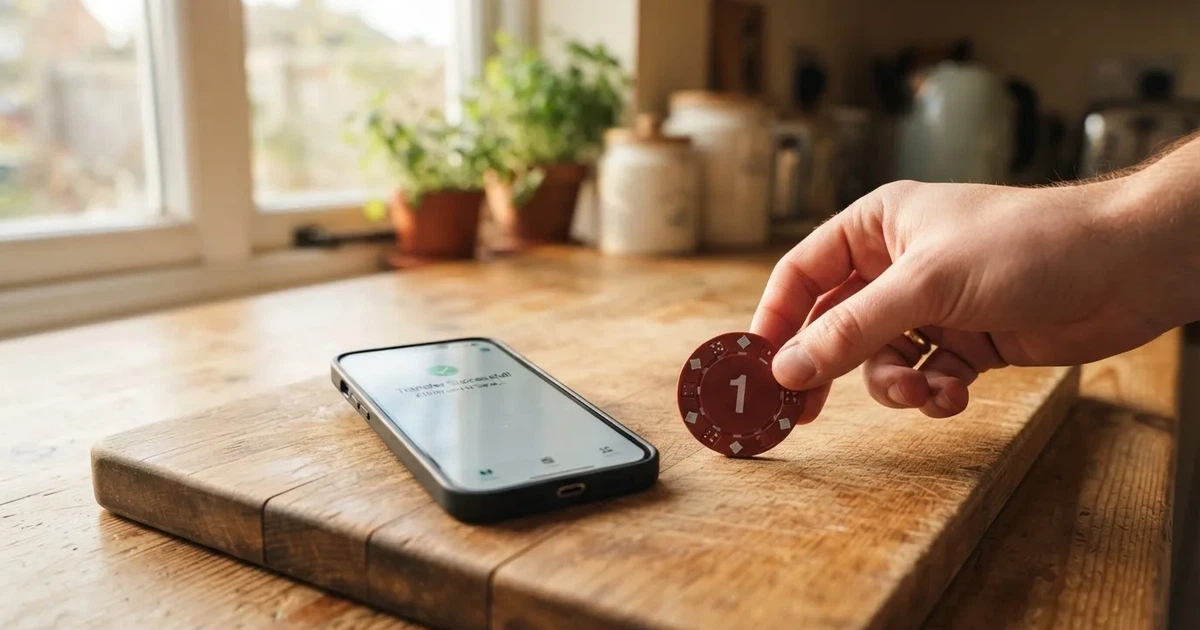 A hand places a £1 coin next to a smartphone showing a bank transfer confirmation screen on a kitchen table.