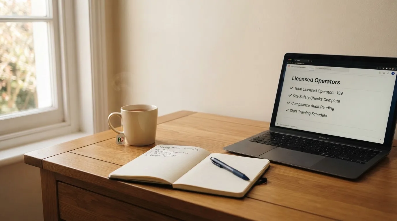 A tidy desk with a notebook, a mug of tea and a laptop open to a checklist, morning light through a window.