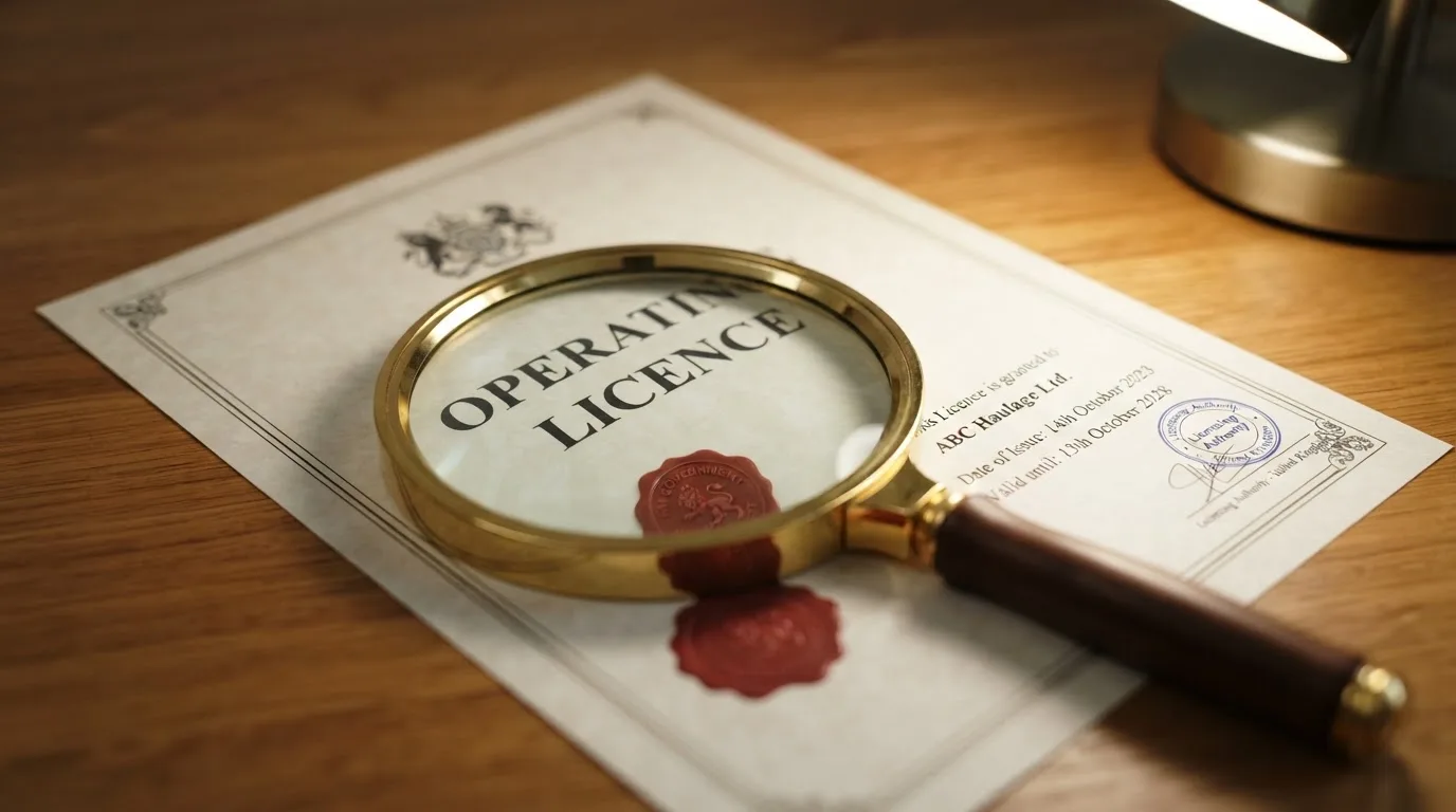 A magnifying glass rests over a printed regulatory certificate on a wooden desk.