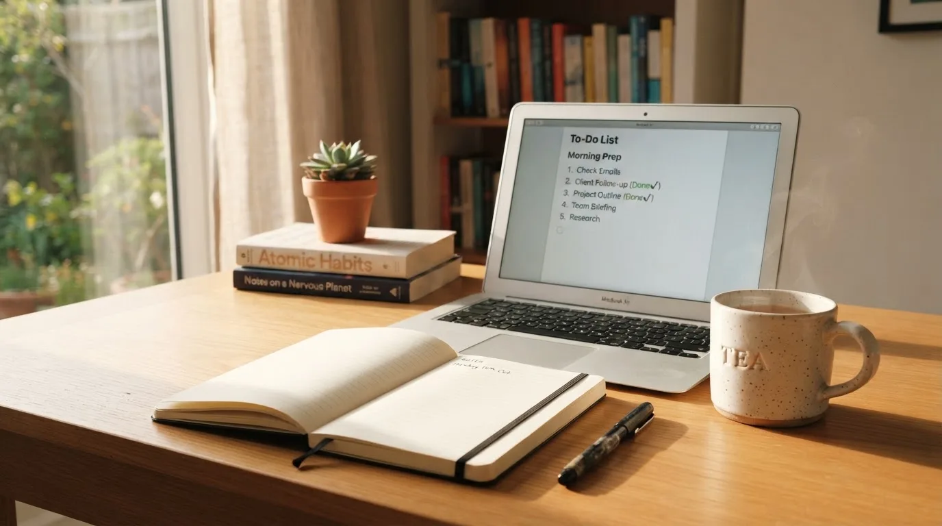 A tidy desk with a notebook, a mug of tea and a laptop open to a checklist, morning light through a window.