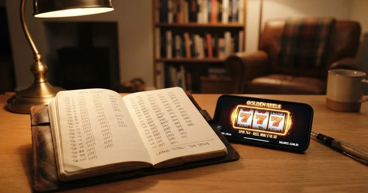 A notepad with a tally of spin counts rests beside a smartphone displaying a slot-reel icon on a desk.
