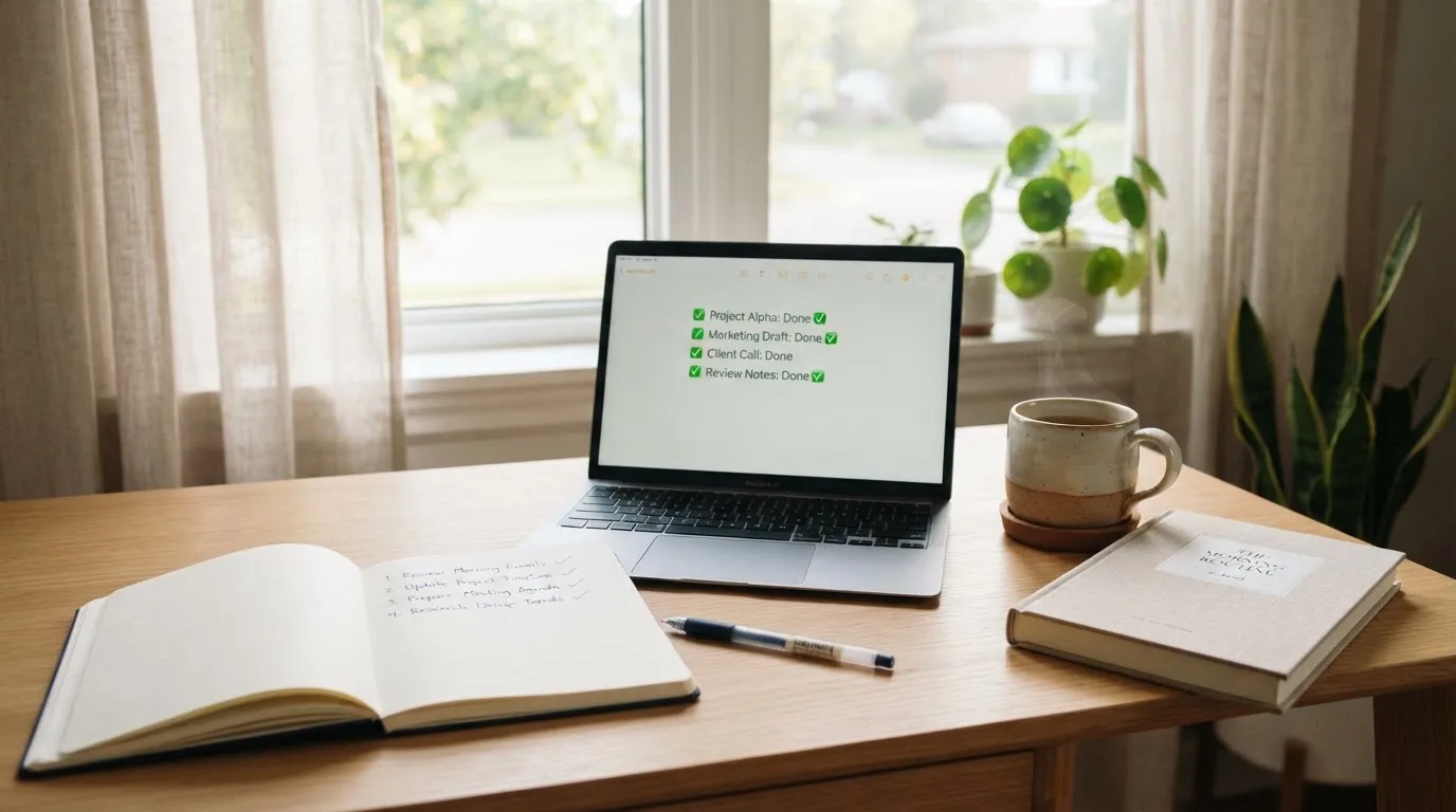 A tidy desk with a notebook, a mug of tea and a laptop open to a checklist, morning light through a window.