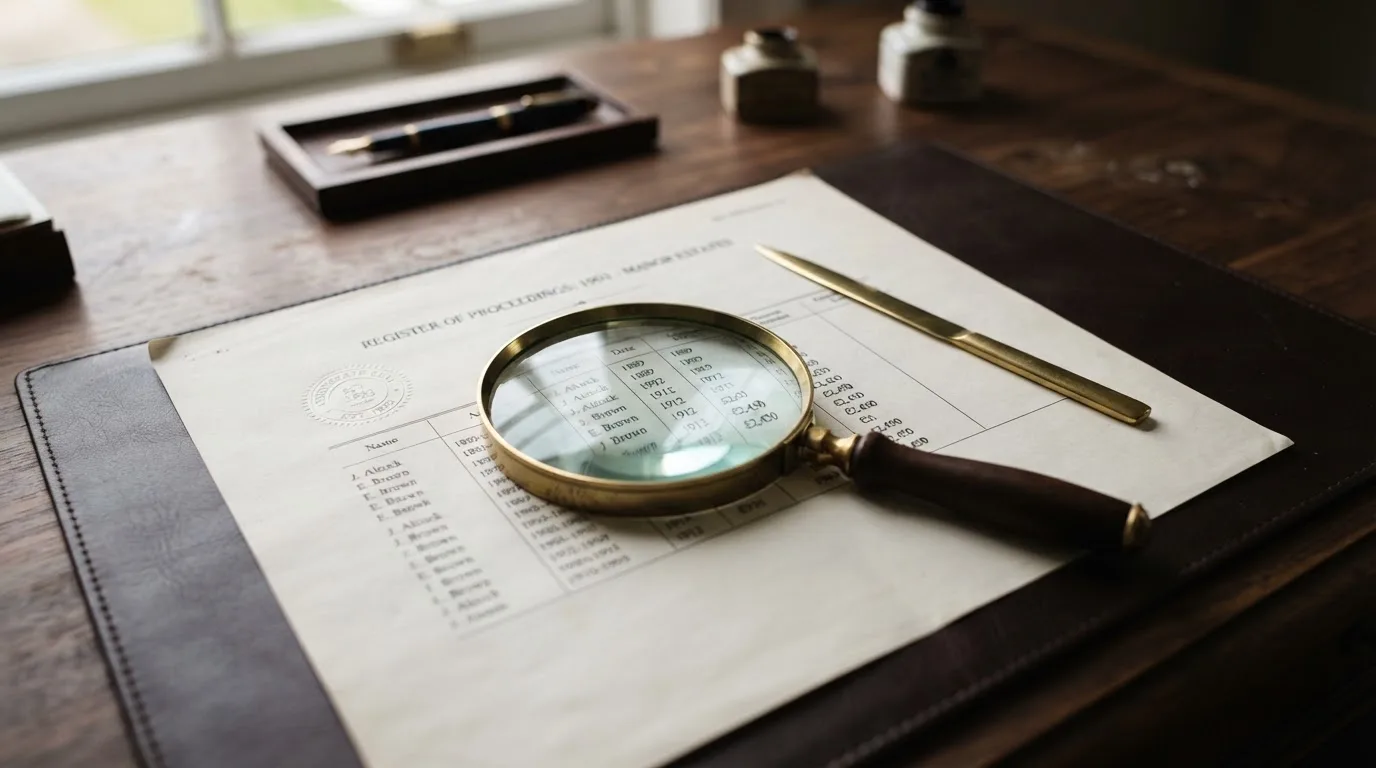 A magnifying glass rests over a printed regulatory certificate on a wooden desk.