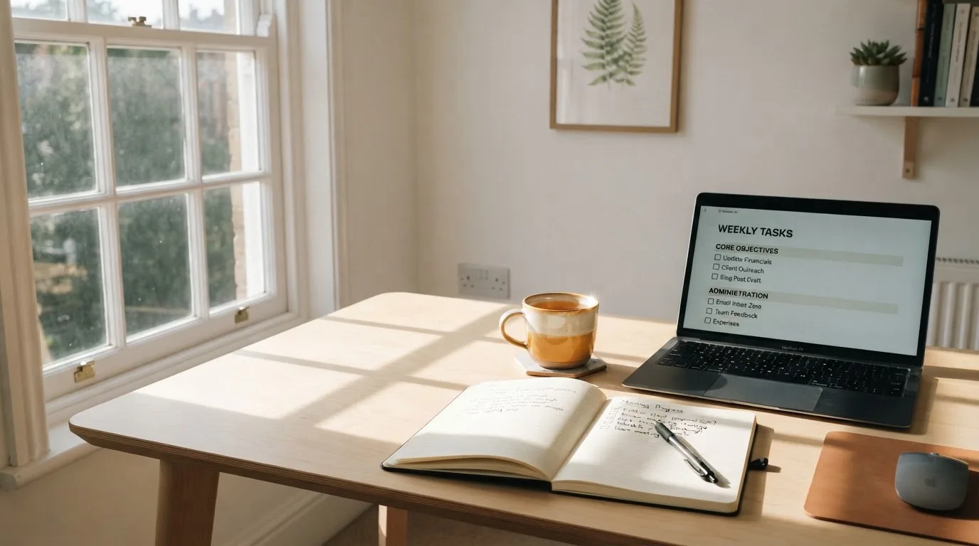 A tidy desk with a notebook, a mug of tea and a laptop open to a checklist, morning light through a window.