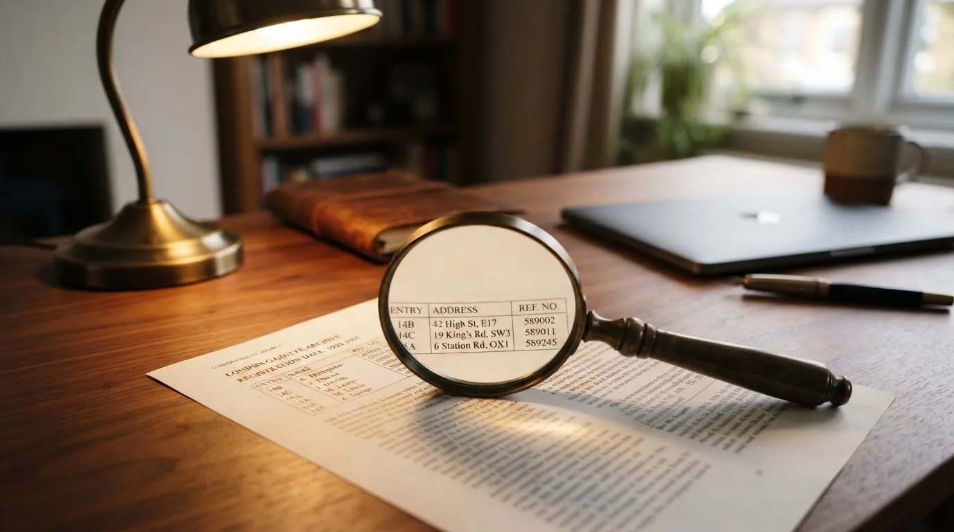 A magnifying glass rests over a printed regulatory certificate on a wooden desk.