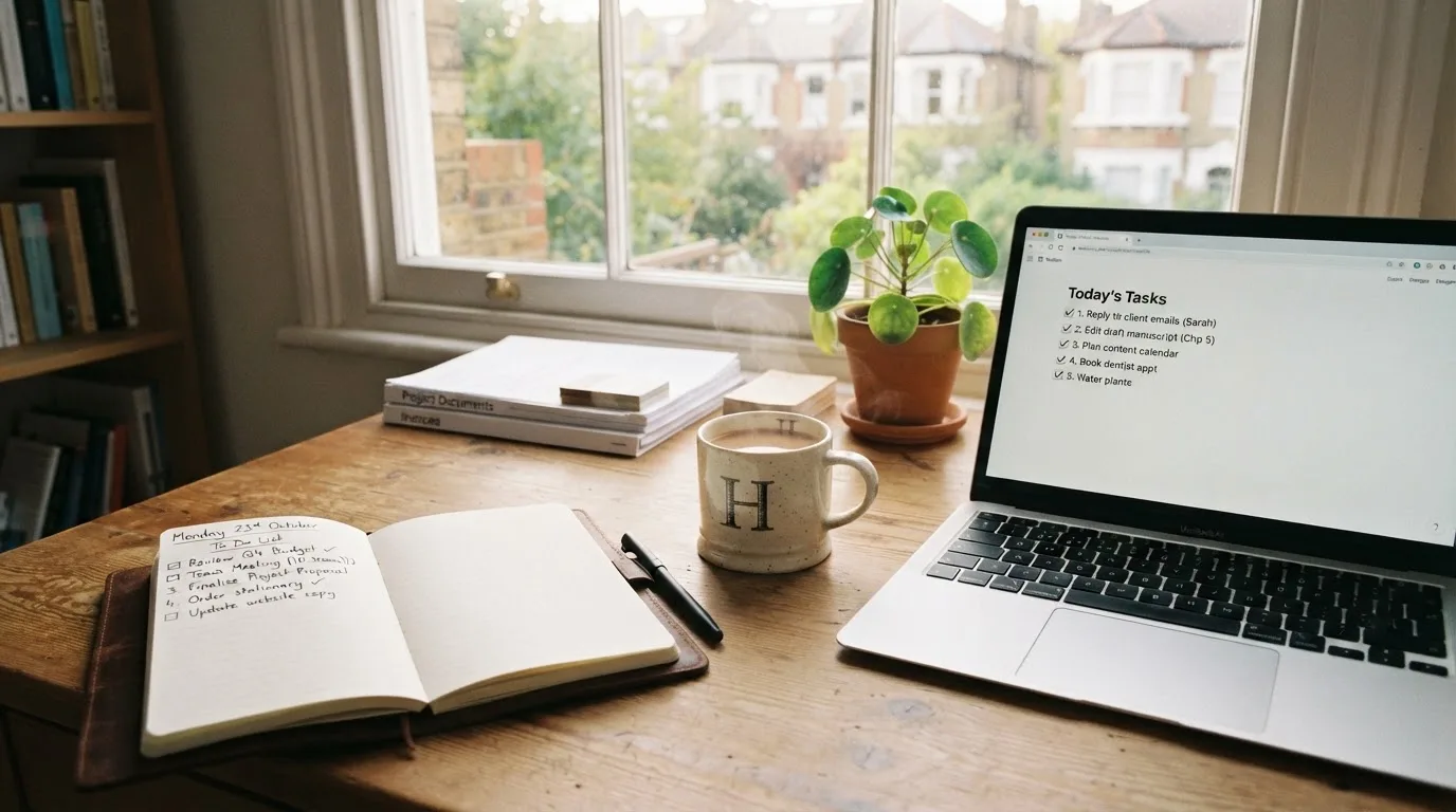 A tidy desk with a notebook, a mug of tea and a laptop open to a checklist, morning light through a window.