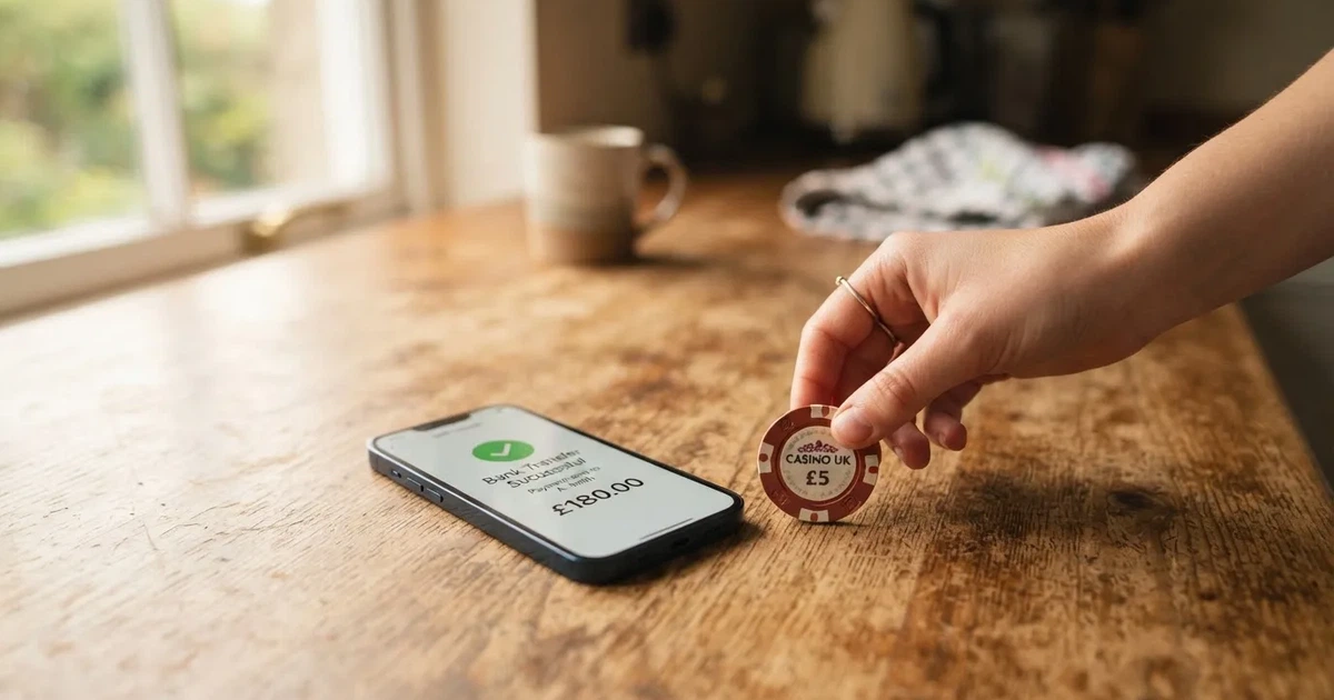 A hand places a £2 coin next to a smartphone showing a bank transfer confirmation screen on a kitchen table.