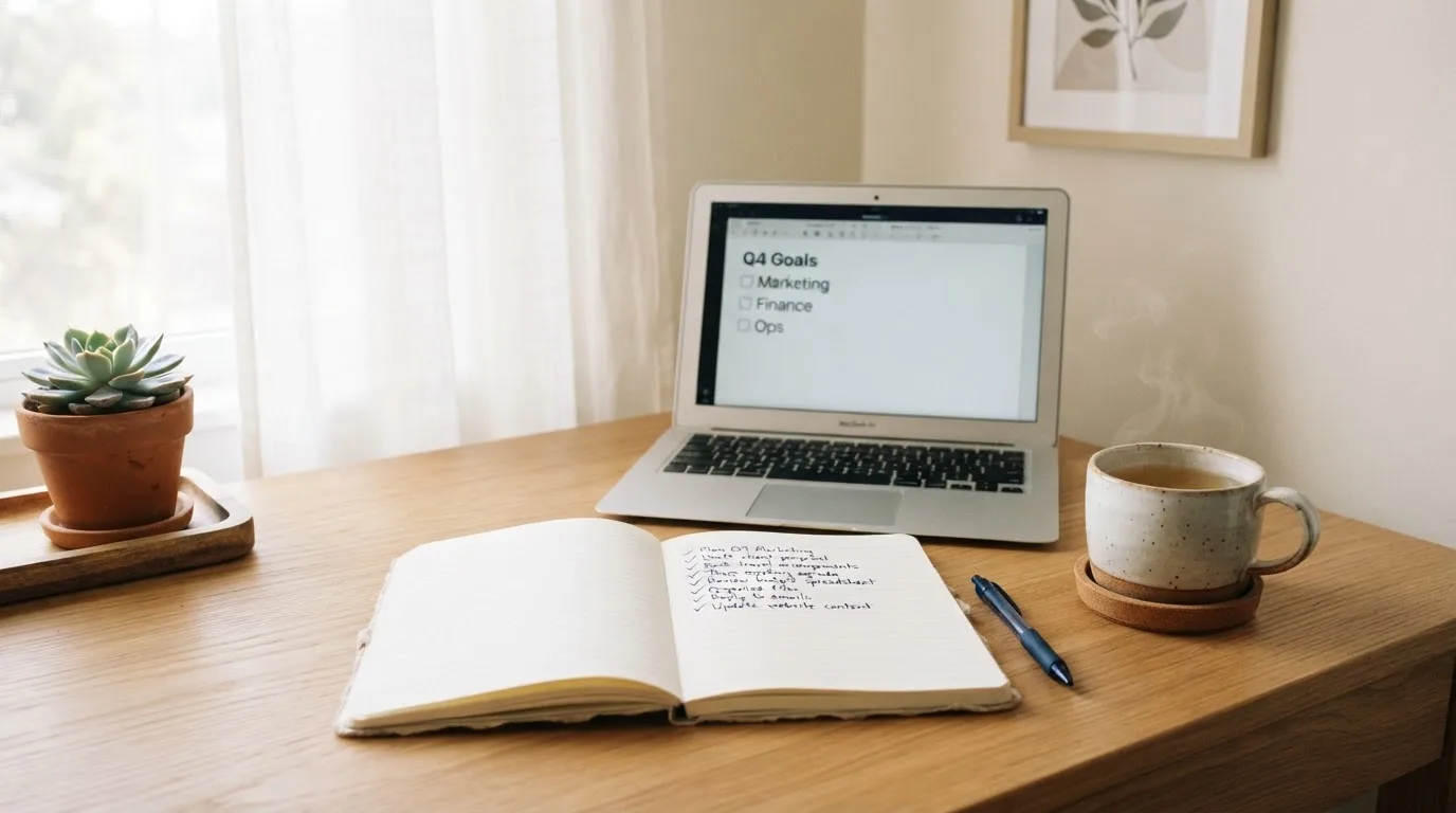 A tidy desk with a notebook, a mug of tea and a laptop open to a checklist, morning light through a window.
