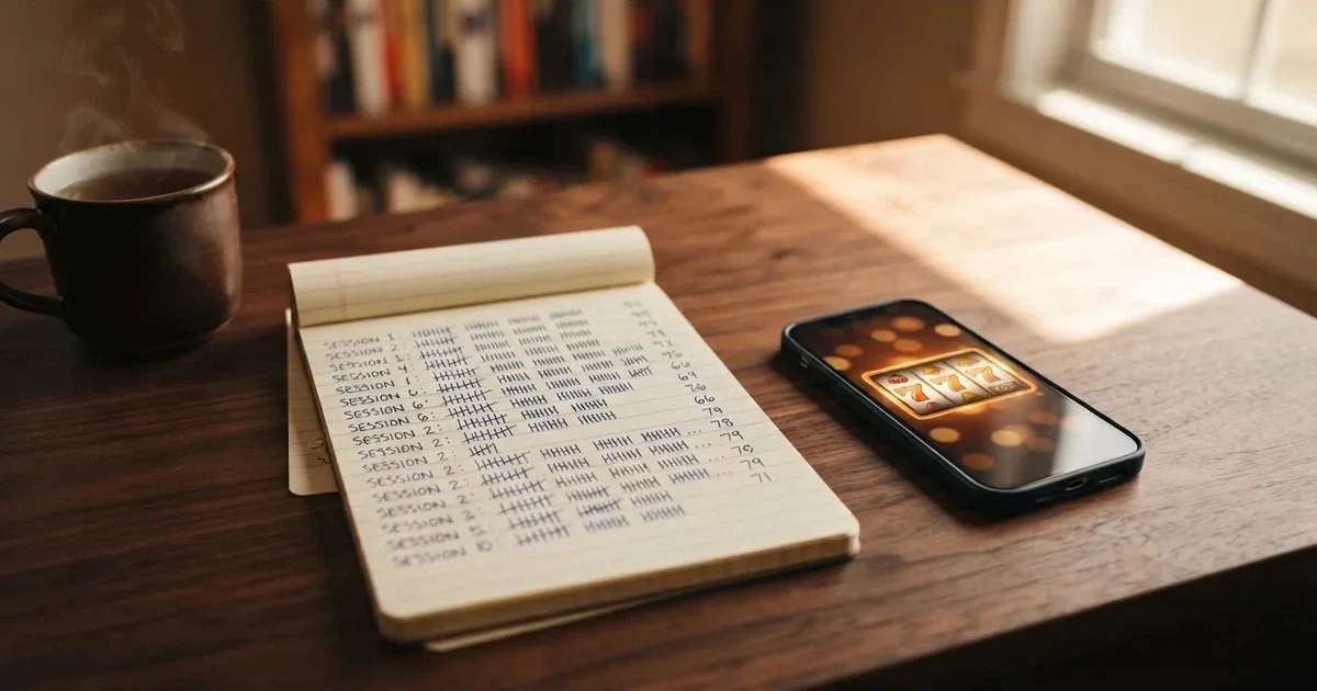 A notepad with a tally of spin counts rests beside a smartphone displaying a slot-reel icon on a desk.