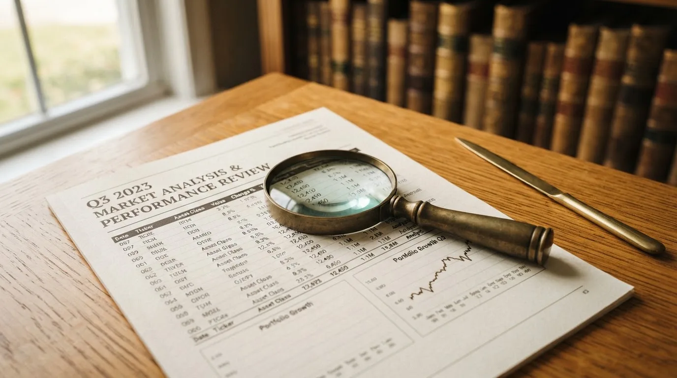 A magnifying glass rests over a printed regulatory certificate on a wooden desk.