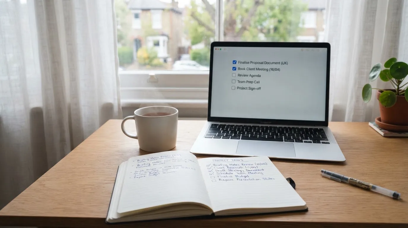 A tidy desk with a notebook, a mug of tea and a laptop open to a checklist, morning light through a window.