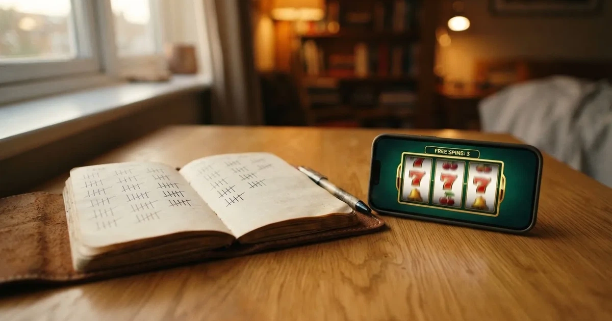 A notepad with a tally of spin counts rests beside a smartphone displaying a slot-reel icon on a desk.