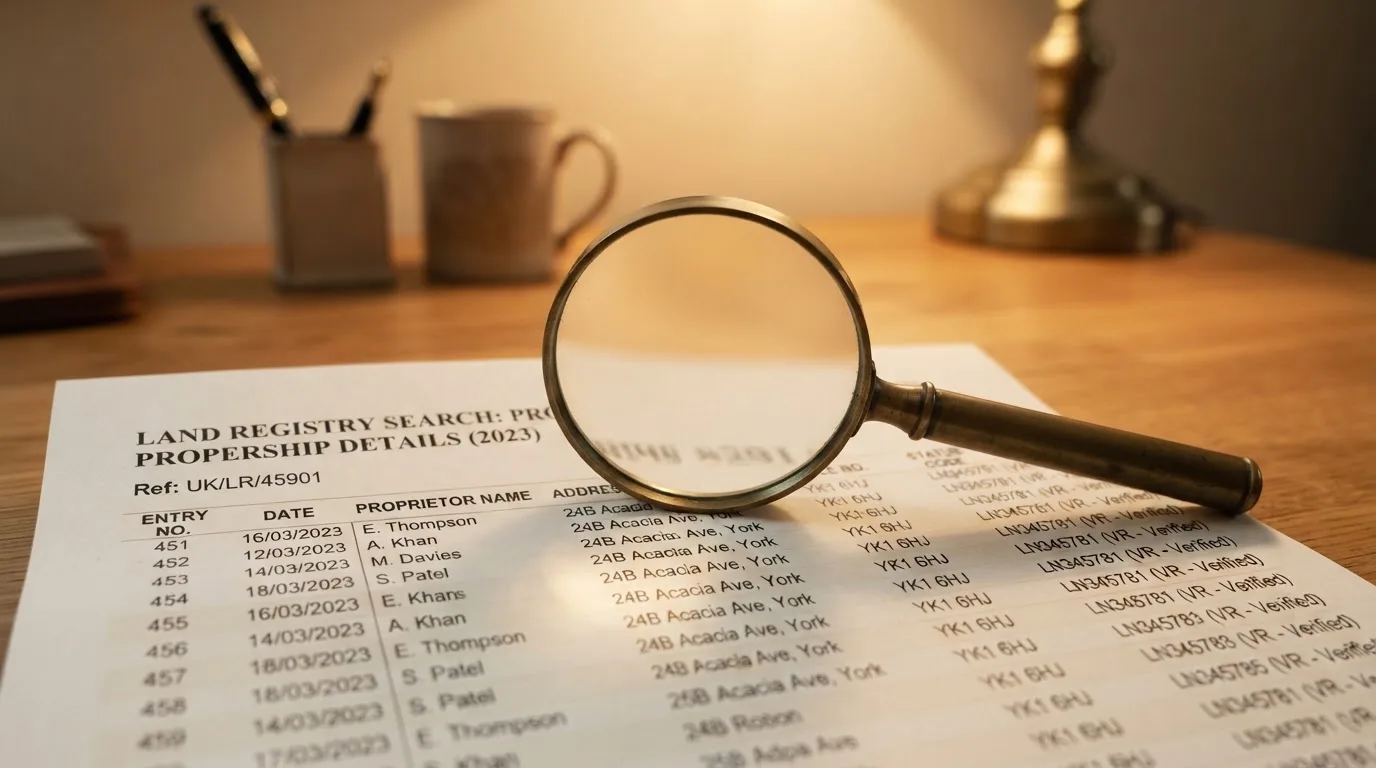 A magnifying glass rests over a printed regulatory certificate on a wooden desk.