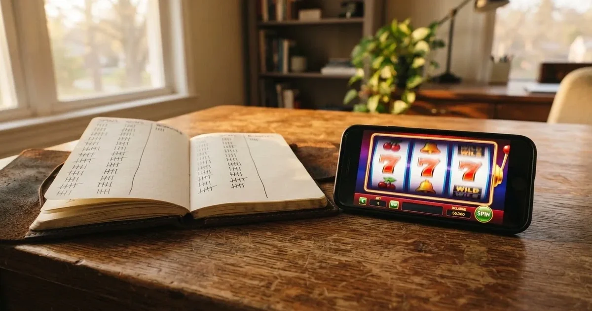 A notepad with a tally of spin counts rests beside a smartphone displaying a slot-reel icon on a desk.