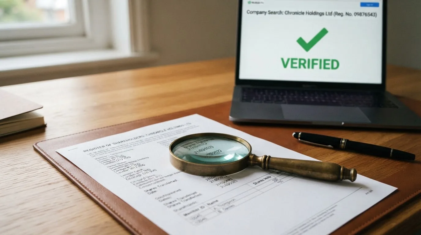 A magnifying glass rests over a printed regulatory certificate on a wooden desk.