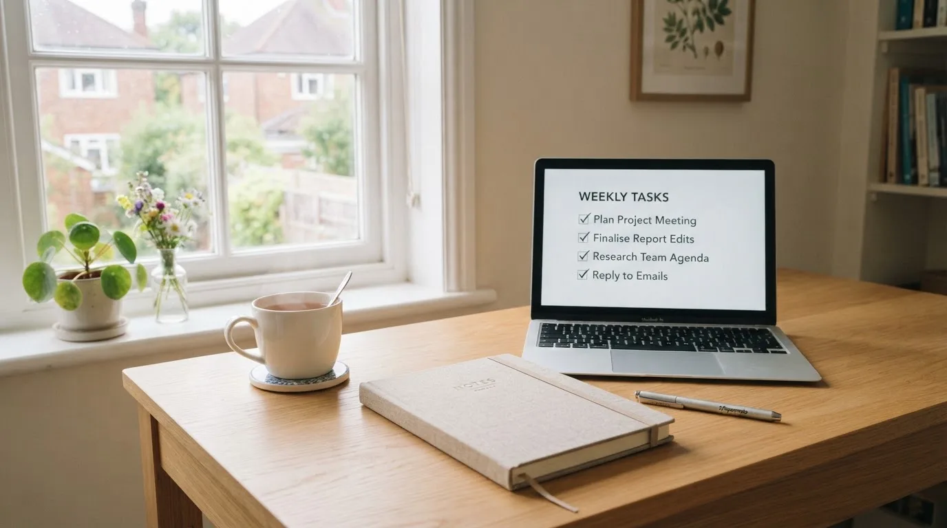 A tidy desk with a notebook, a mug of tea and a laptop open to a checklist, morning light through a window.