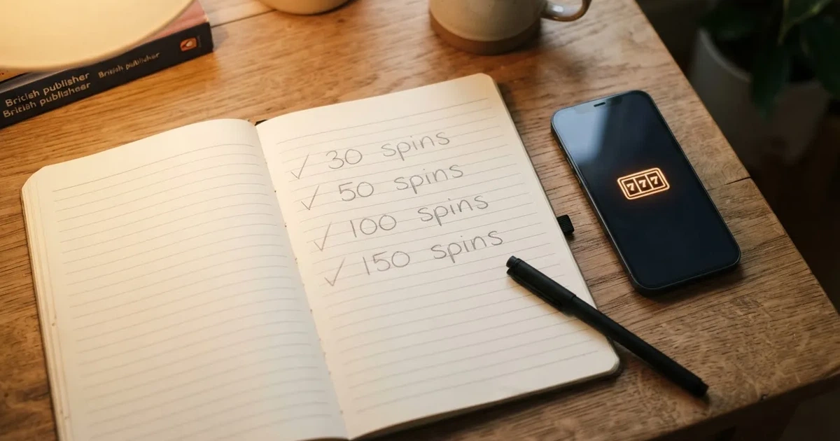 A notepad listing four spin-count tiers rests beside a smartphone displaying a slot-reel icon on a desk.