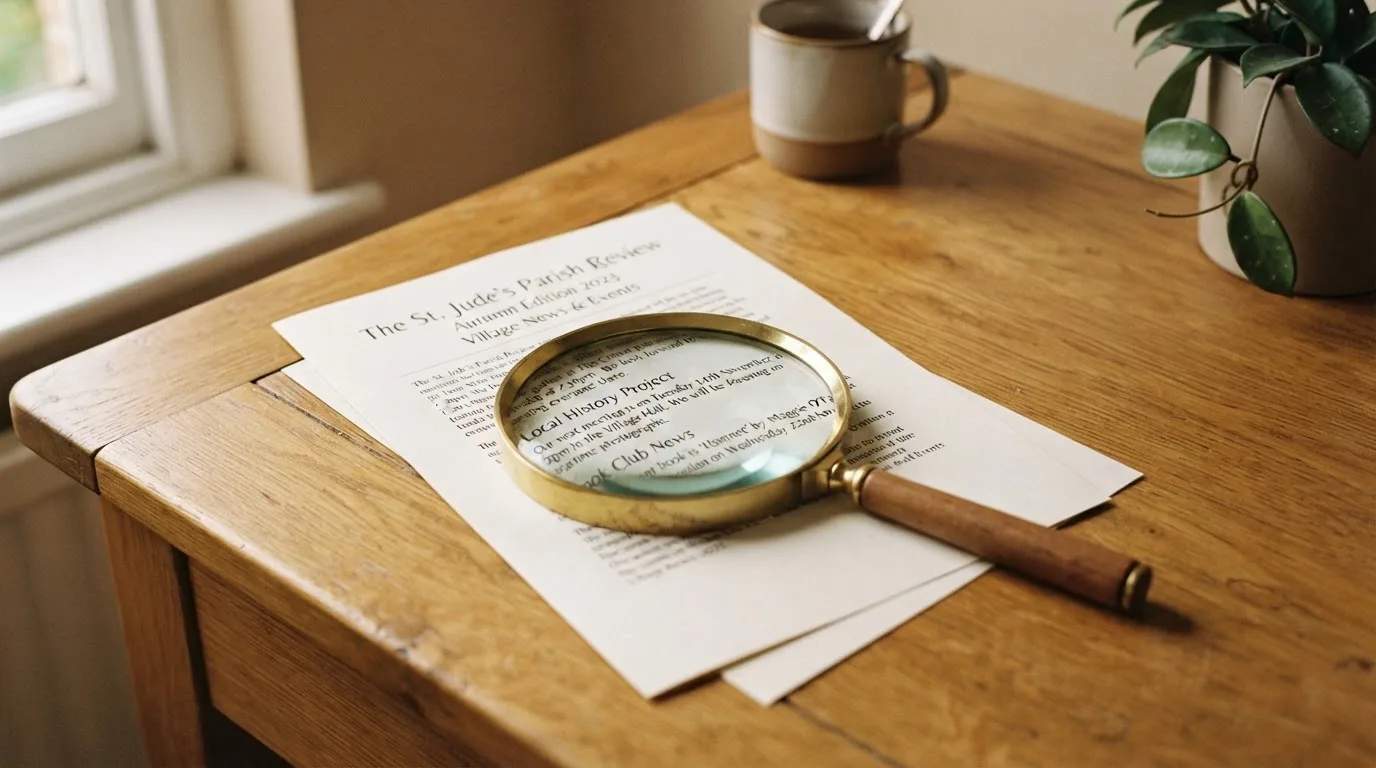 A magnifying glass rests over a printed regulatory certificate on a wooden desk.