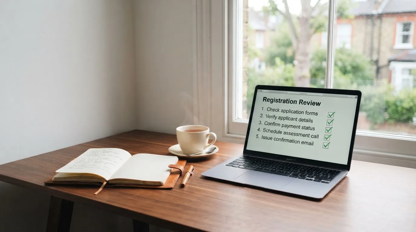 A tidy desk with a notebook, a mug of tea and a laptop open to a checklist, morning light through a window.