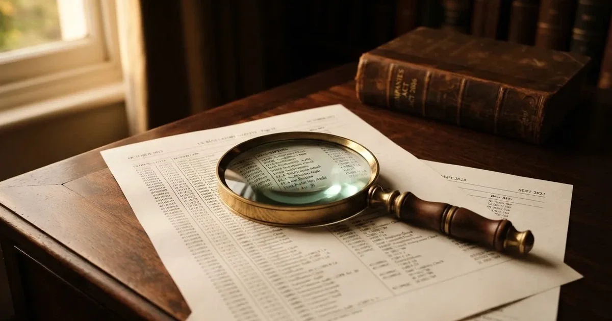 A magnifying glass rests over a printed offshore licence certificate on a wooden desk.