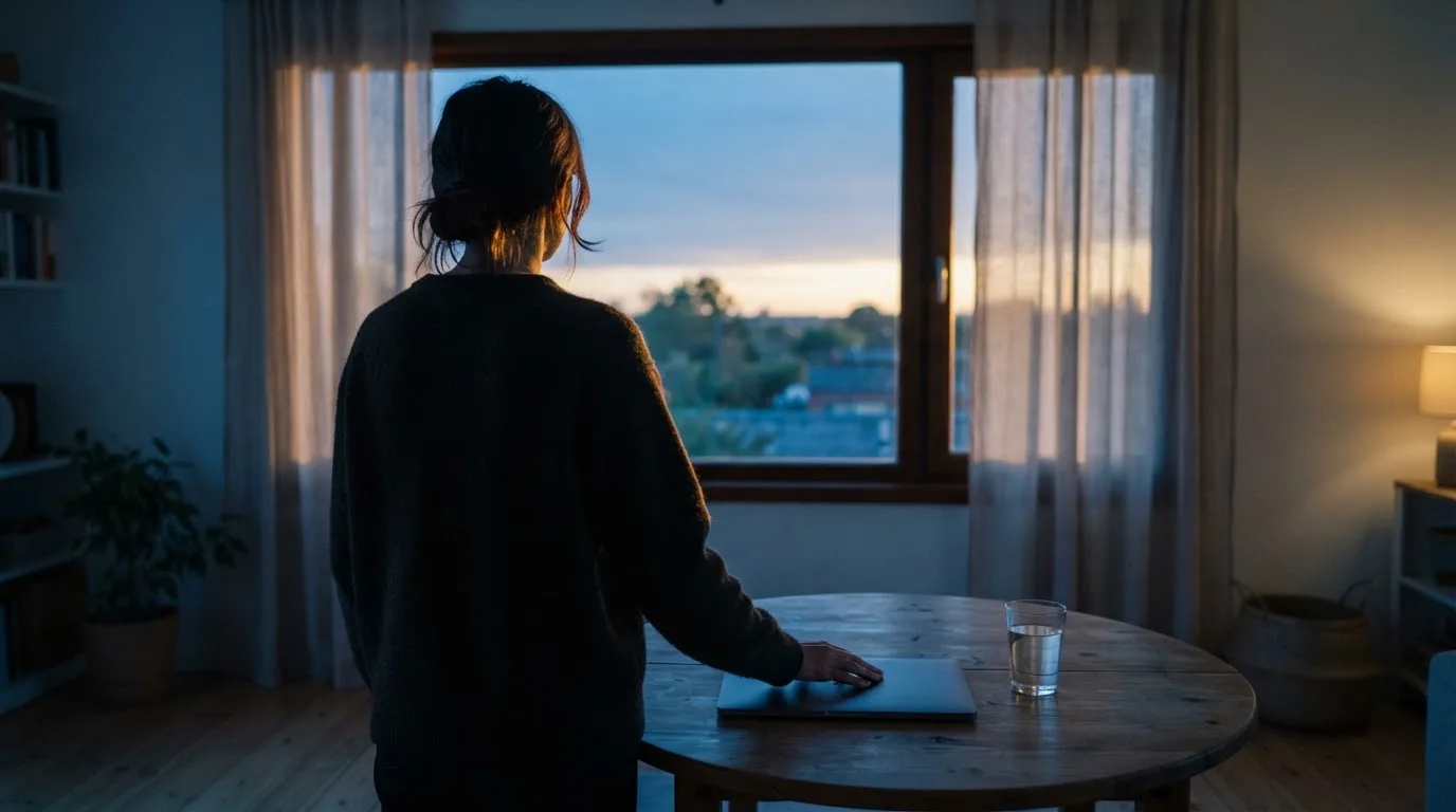 A person closes a laptop and looks out of a window at dusk, a glass of water on the table beside them.