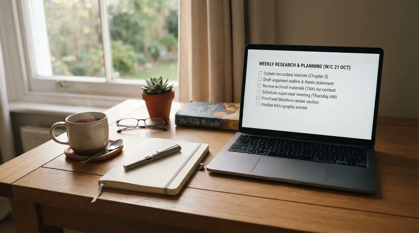 A tidy desk with a notebook, a mug of tea and a laptop open to a checklist, morning light through a window.