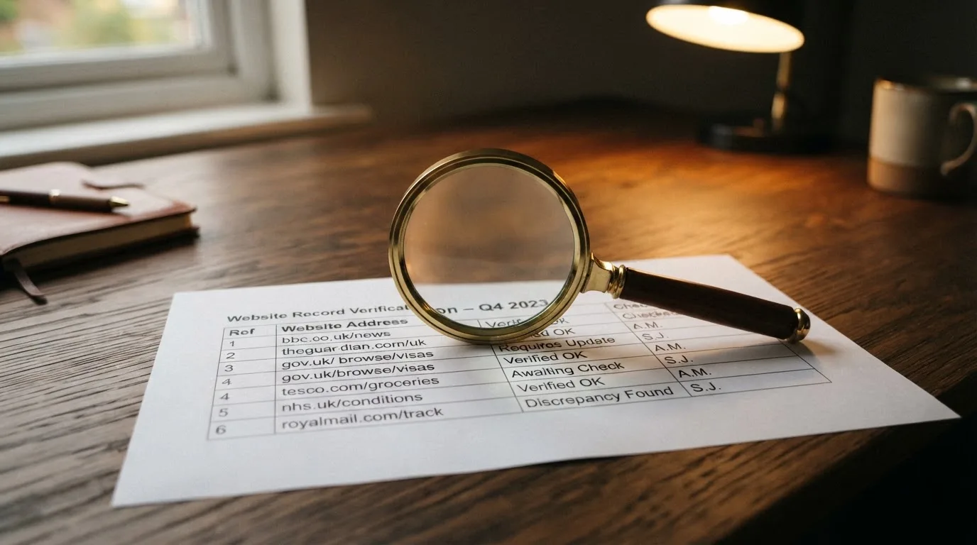 A magnifying glass rests over a printed regulatory certificate on a wooden desk.