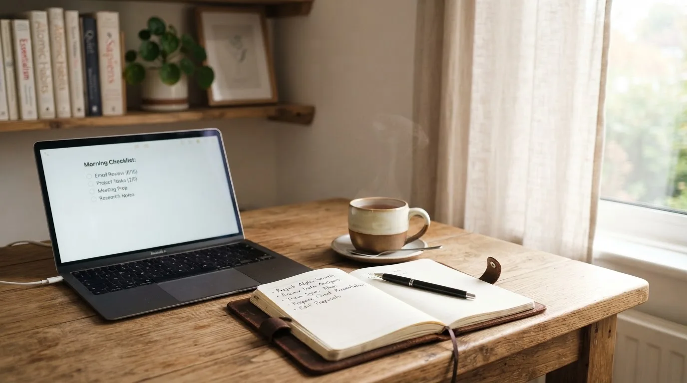 A tidy desk with a notebook, a mug of tea and a laptop open to a checklist, morning light through a window.