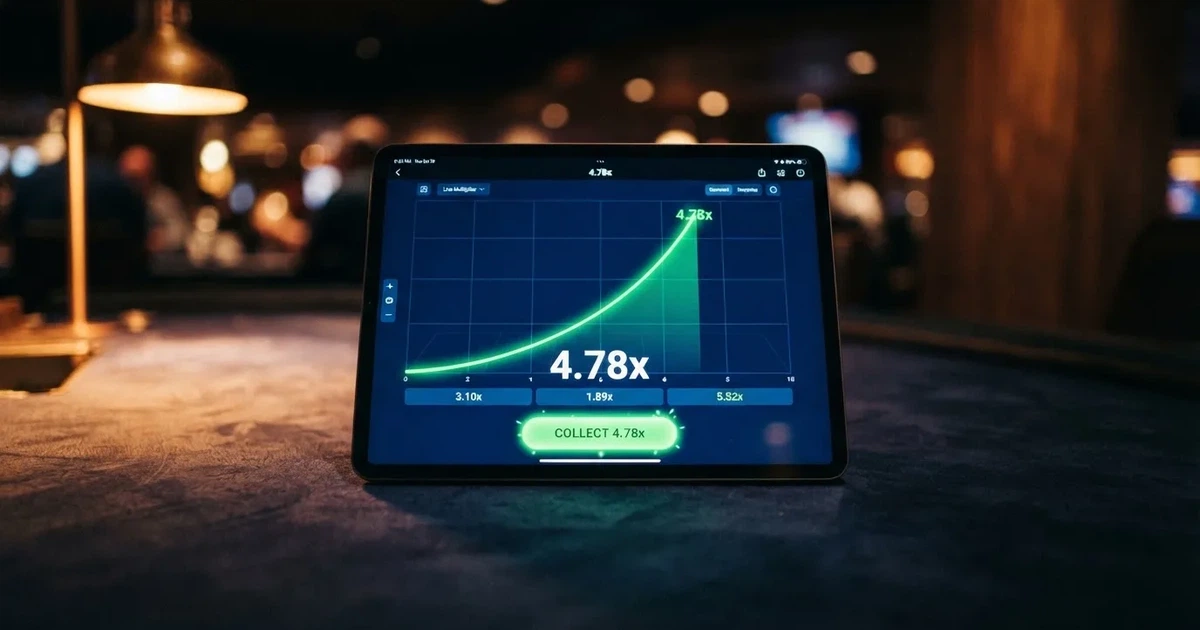 A tablet screen shows a rising flight-path line graph mid-round beside a cash-out button.