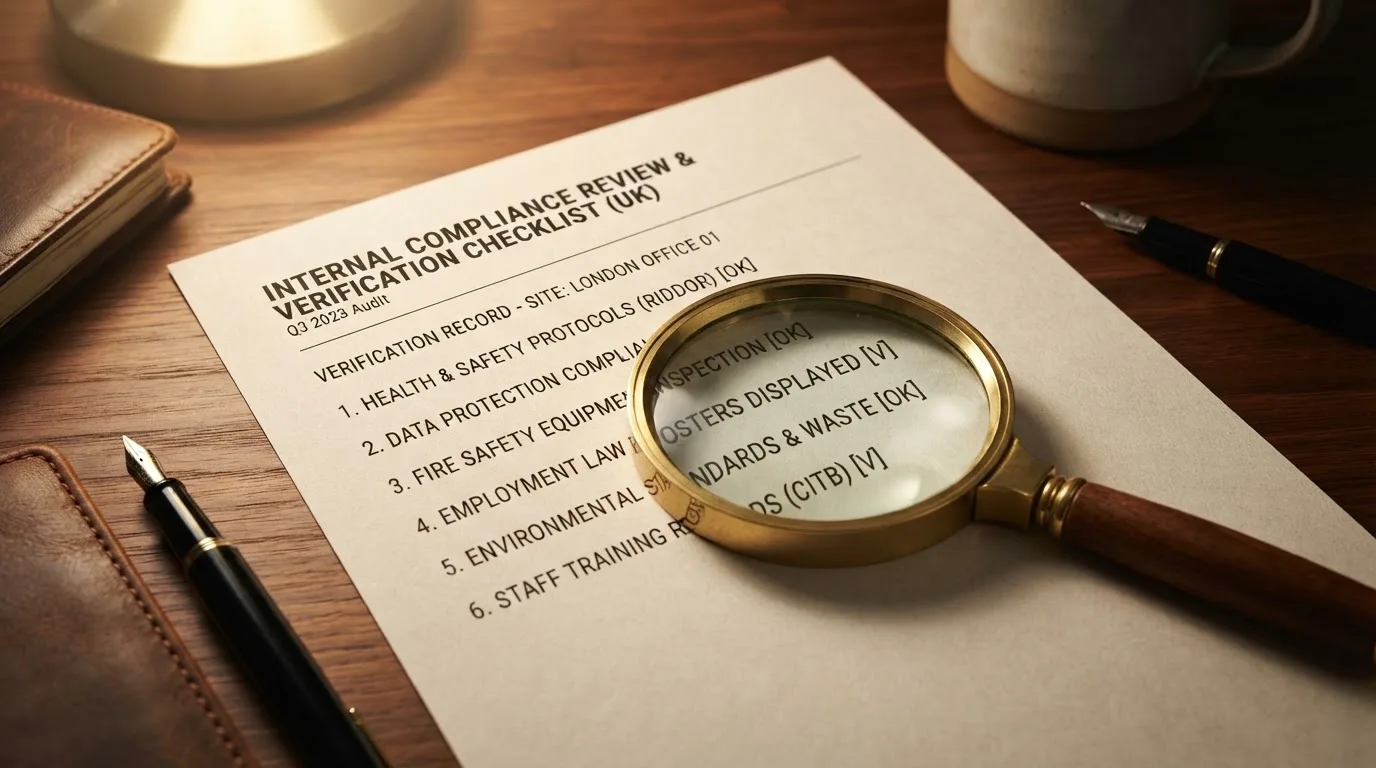A magnifying glass rests over a printed regulatory certificate on a wooden desk.