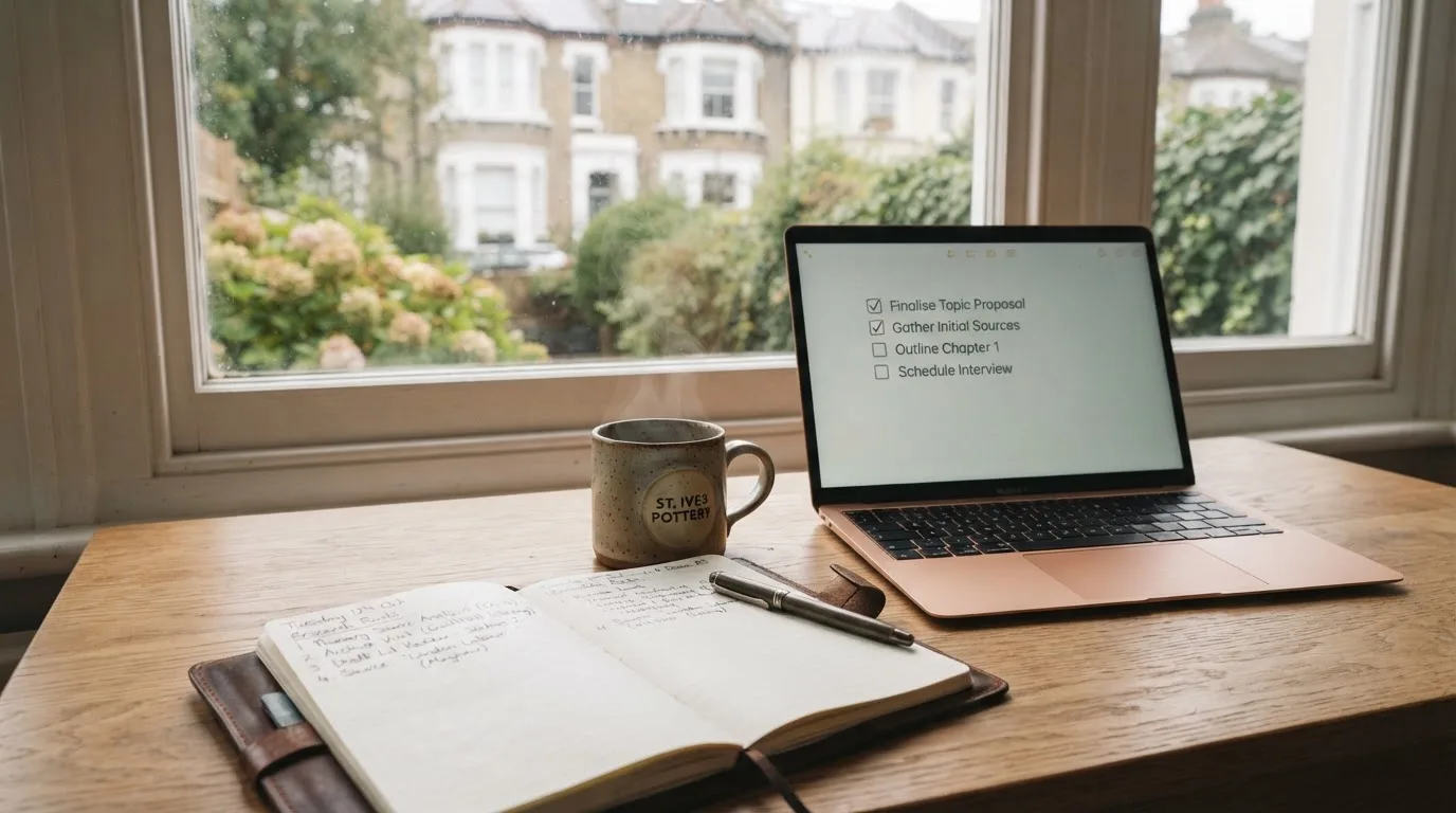 A tidy desk with a notebook, a mug of tea and a laptop open to a checklist, morning light through a window.
