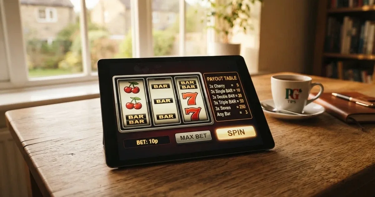 A tablet screen shows a simple three-reel slot layout with a payout chart beside it on a desk.