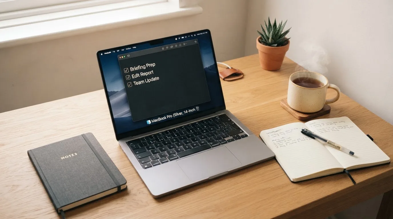 A tidy desk with a notebook, a mug of tea and a laptop open to a checklist, morning light through a window.