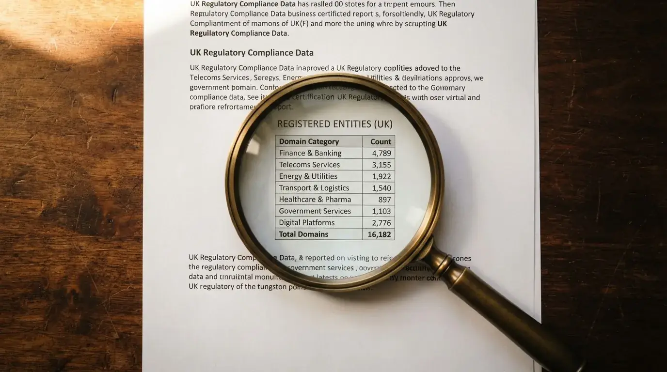 A magnifying glass rests over a printed regulatory certificate on a wooden desk.