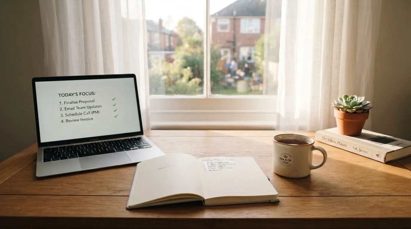 A tidy desk with a notebook, a mug of tea and a laptop open to a checklist, morning light through a window.