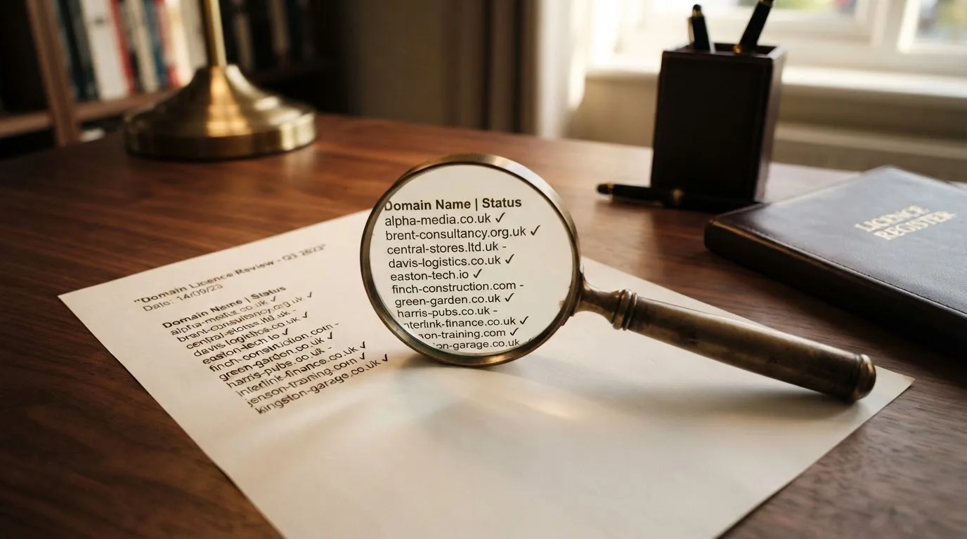 A magnifying glass rests over a printed regulatory certificate on a wooden desk.