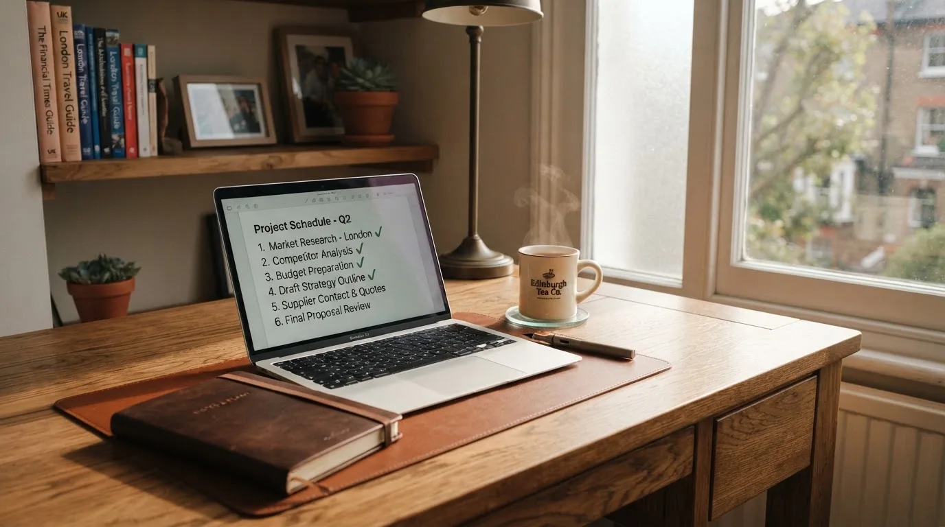 A tidy desk with a notebook, a mug of tea and a laptop open to a checklist, morning light through a window.