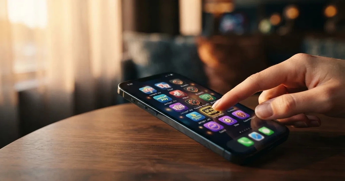 A close-up of a finger tapping a smartphone screen showing rows of casino-style app icons.