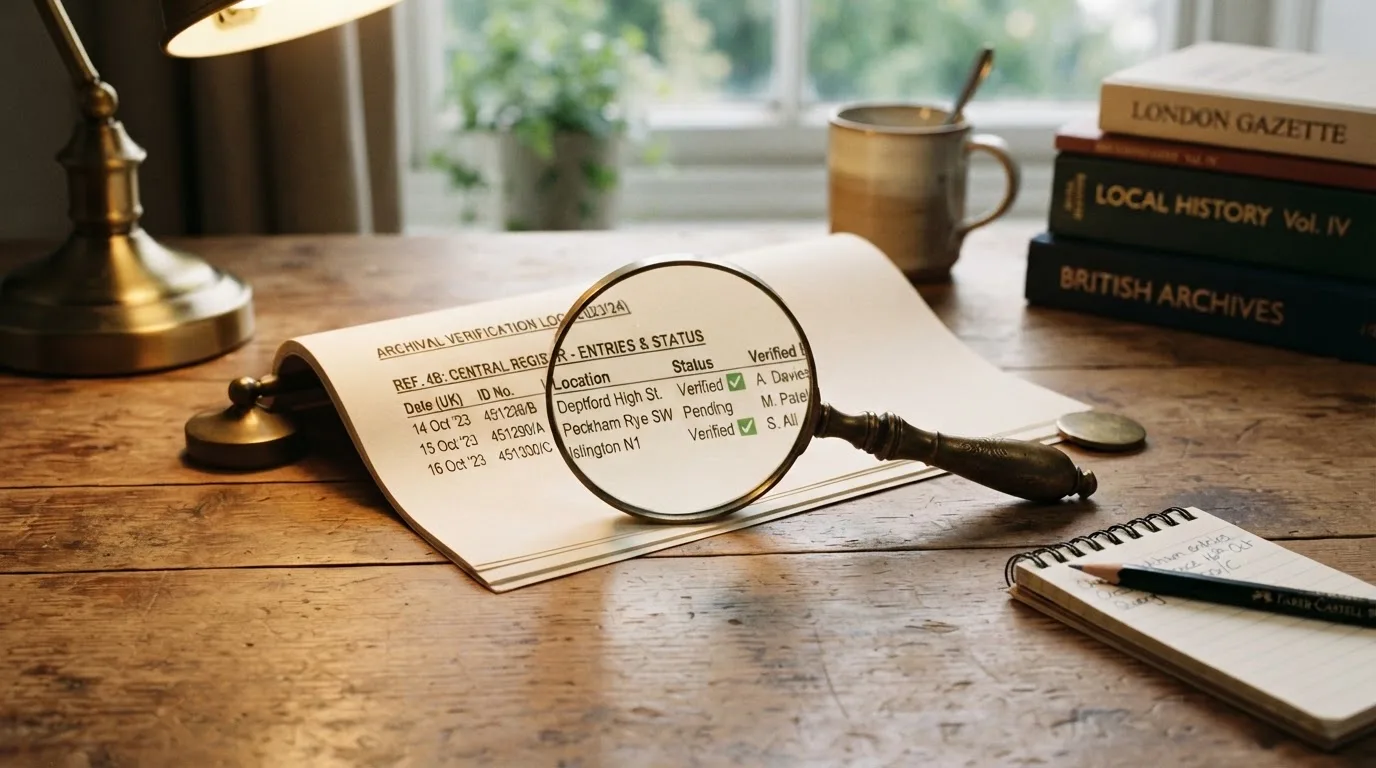 A magnifying glass rests over a printed regulatory certificate on a wooden desk.