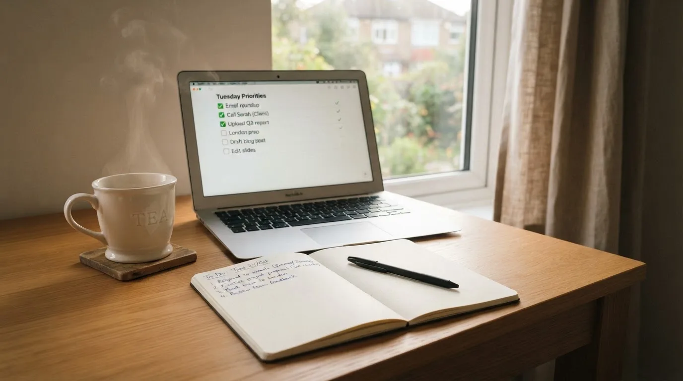 A tidy desk with a notebook, a mug of tea and a laptop open to a checklist, morning light through a window.