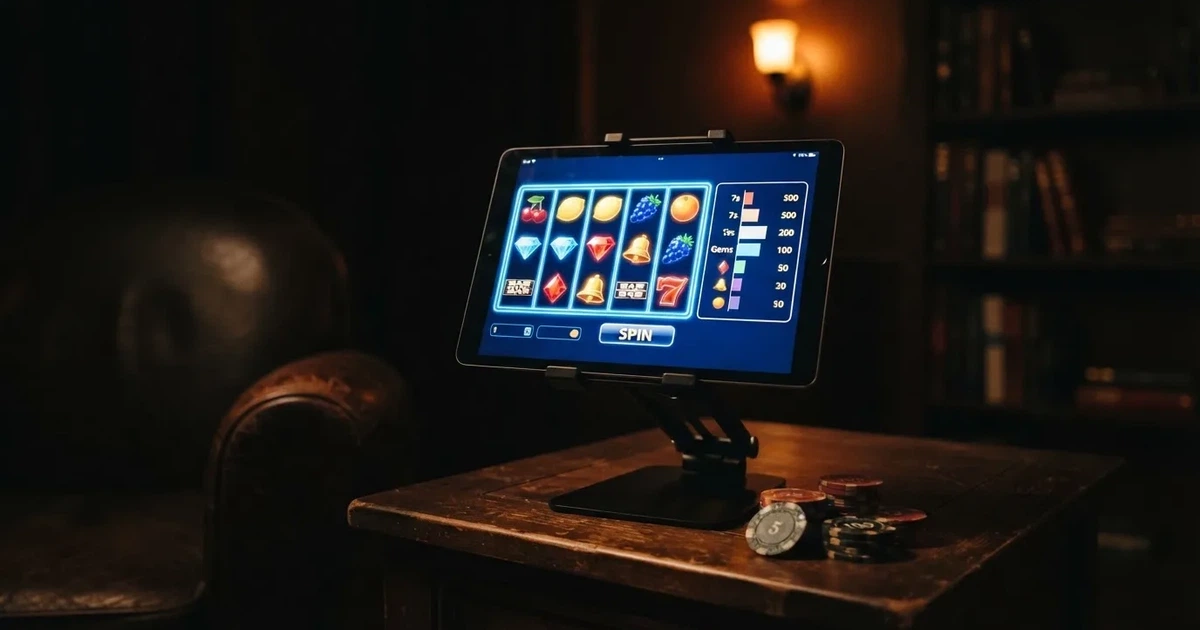 A tablet propped on a stand displays a grid of slot symbols and a payout chart in a dimly lit room.
