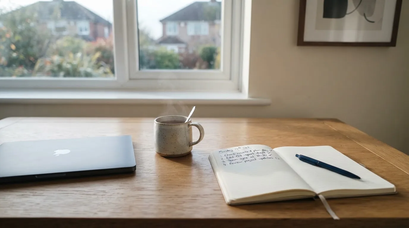 A tidy desk with a notebook, a mug of tea and a laptop open to a checklist, morning light through a window.