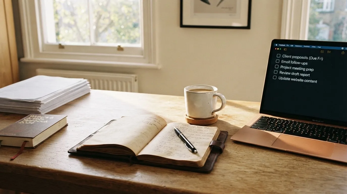 A tidy desk with a notebook, a mug of tea and a laptop open to a checklist, morning light through a window.