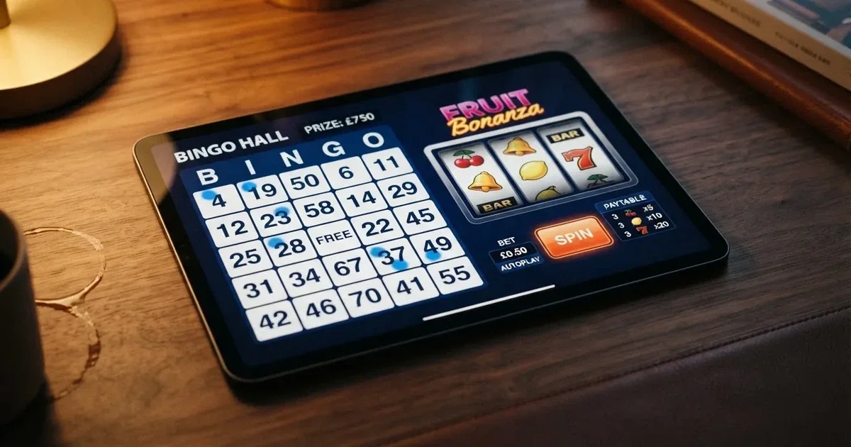 A tablet screen shows a bingo card next to a slot game paytable on a desk.