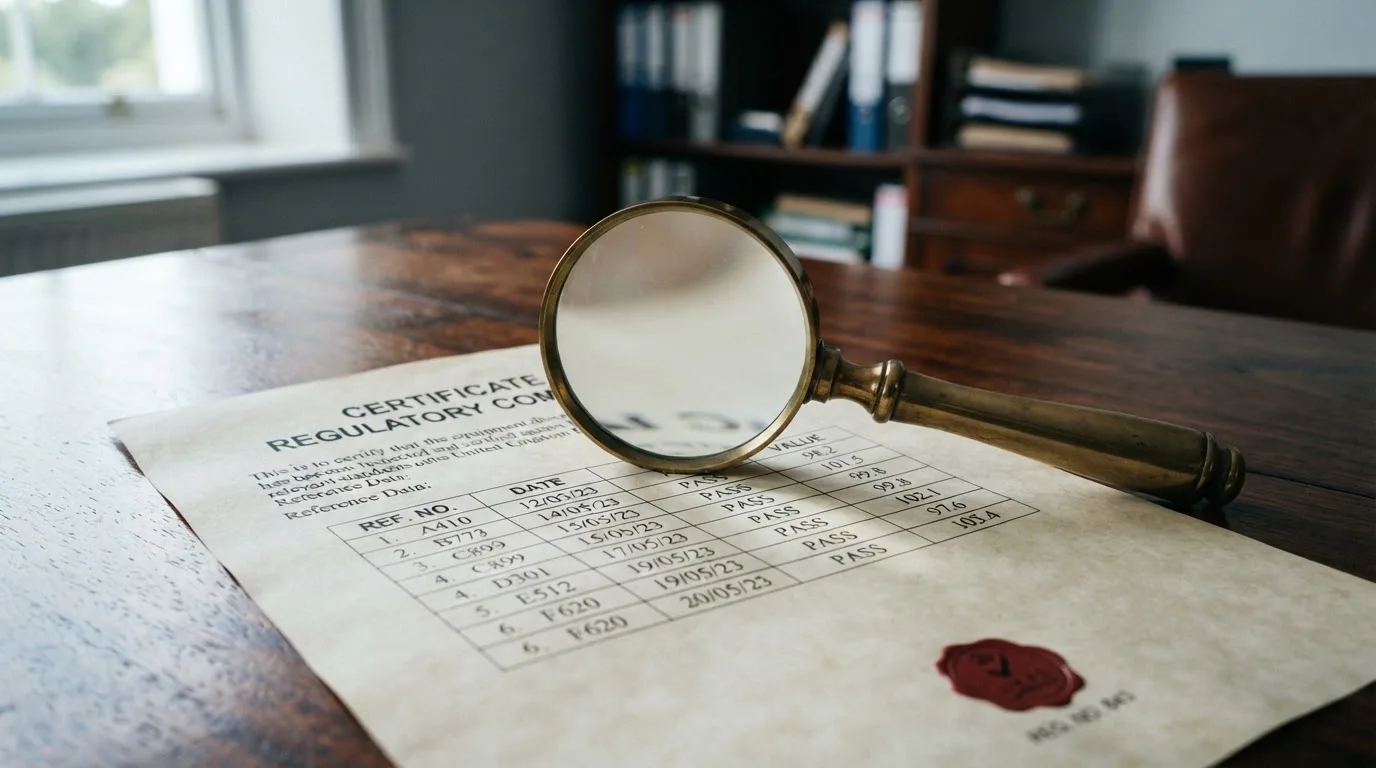 A magnifying glass rests over a printed regulatory certificate on a wooden desk.