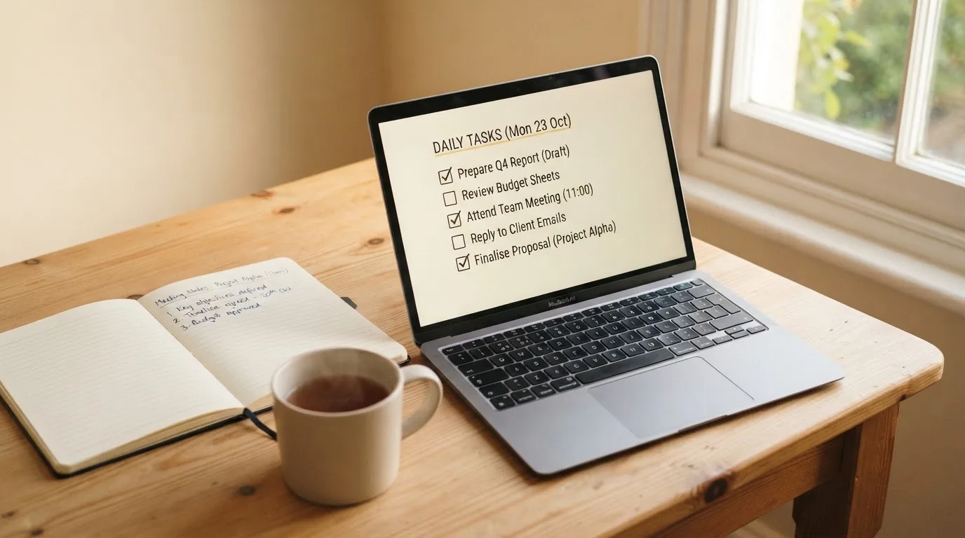 A tidy desk with a notebook, a mug of tea and a laptop open to a checklist, morning light through a window.