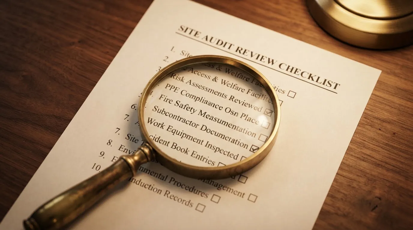 A magnifying glass rests over a printed regulatory certificate on a wooden desk.