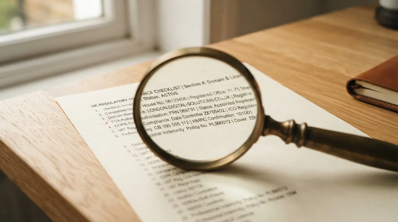 A magnifying glass rests over a printed regulatory certificate on a wooden desk.