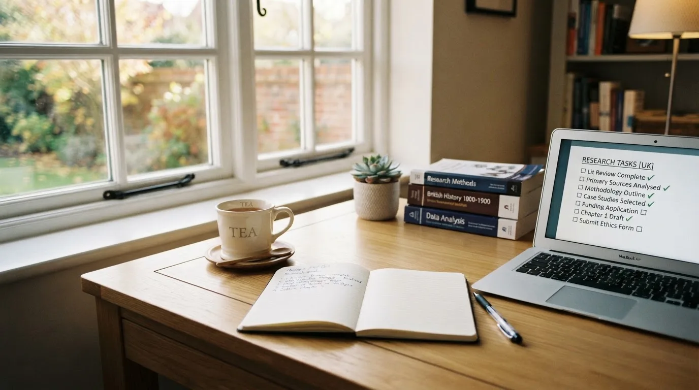 A tidy desk with a notebook, a mug of tea and a laptop open to a checklist, morning light through a window.